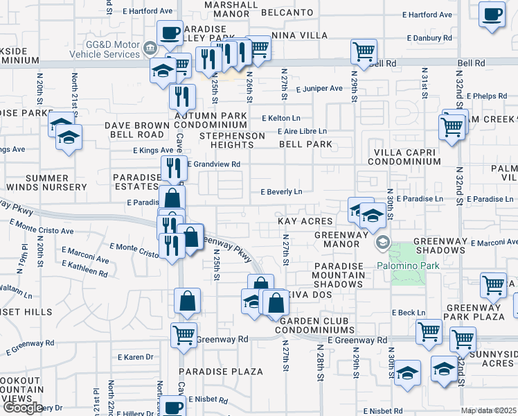 map of restaurants, bars, coffee shops, grocery stores, and more near 16116 North 26th Place in Phoenix