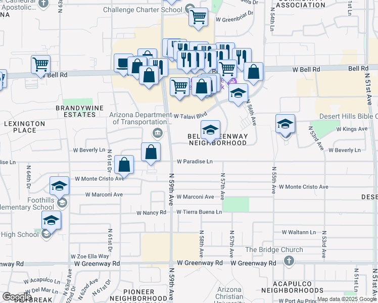 map of restaurants, bars, coffee shops, grocery stores, and more near 5861 West Beverly Lane in Glendale