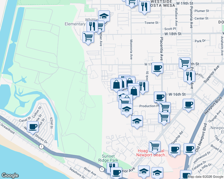 map of restaurants, bars, coffee shops, grocery stores, and more near 1002 Katama Bay Drive in Costa Mesa