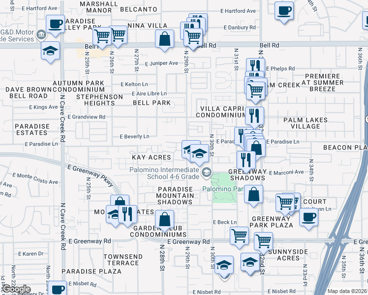 map of restaurants, bars, coffee shops, grocery stores, and more near 2844 East Le Marche Avenue in Phoenix