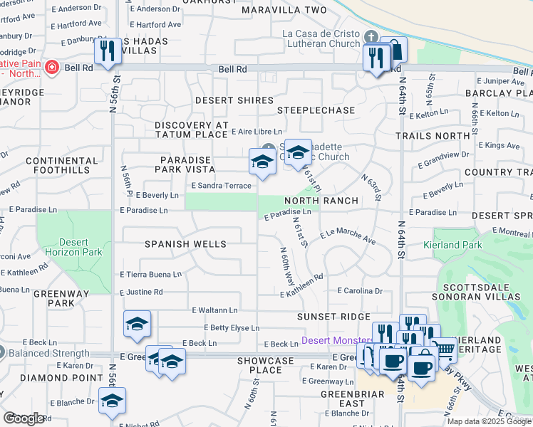 map of restaurants, bars, coffee shops, grocery stores, and more near 6002 East Paradise Drive in Scottsdale