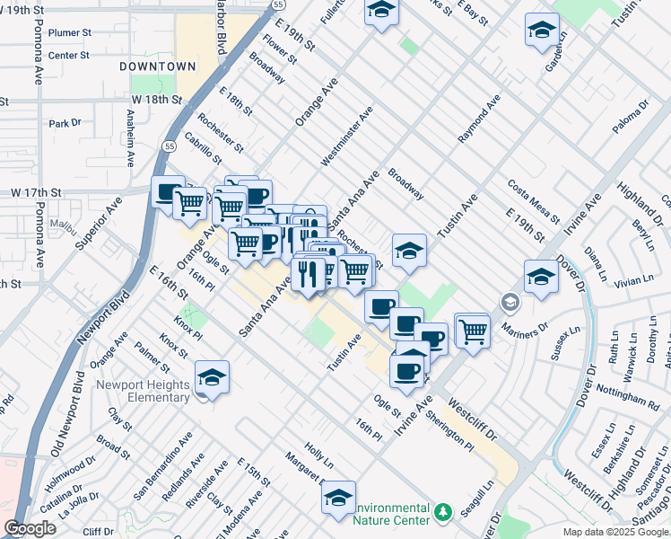 map of restaurants, bars, coffee shops, grocery stores, and more near 329 Cabrillo Street in Costa Mesa
