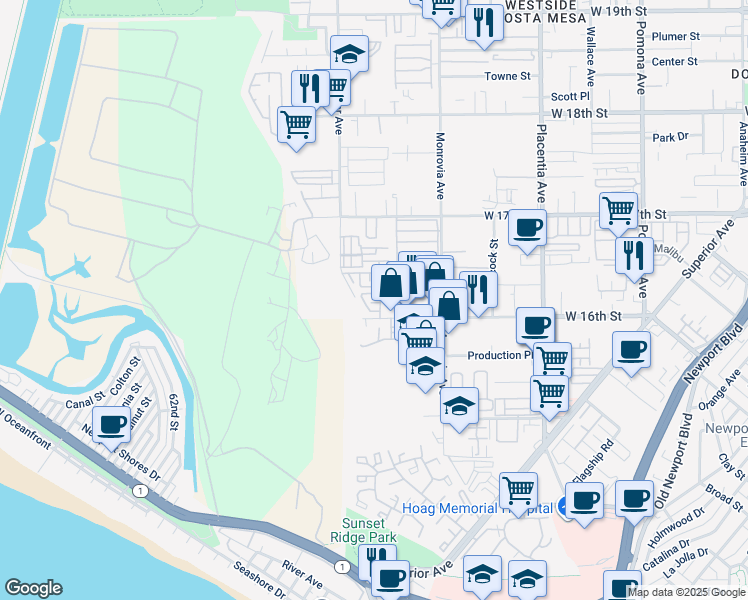 map of restaurants, bars, coffee shops, grocery stores, and more near 1004 Katama Bay Dr in Costa Mesa
