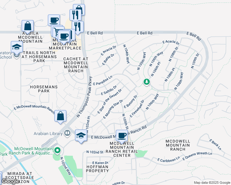 map of restaurants, bars, coffee shops, grocery stores, and more near 10462 East Star of the Desert Drive in Scottsdale