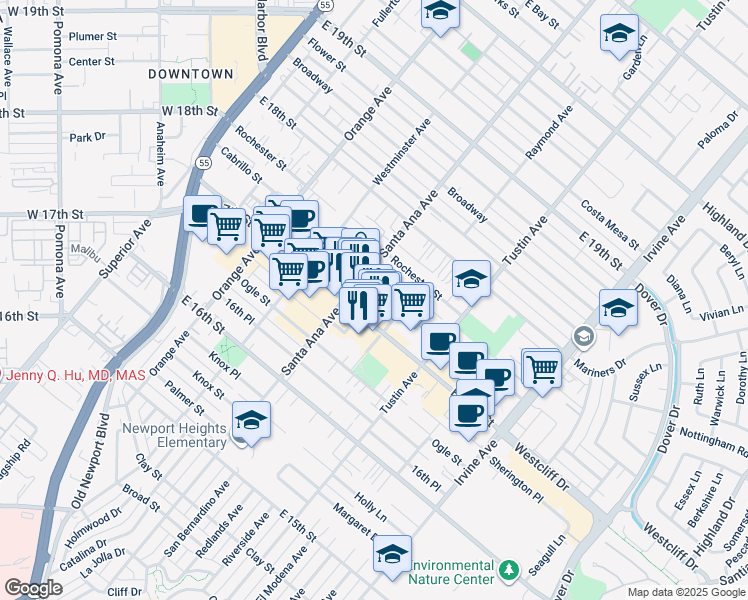 map of restaurants, bars, coffee shops, grocery stores, and more near 325 East 17th Place in Costa Mesa