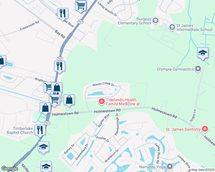map of restaurants, bars, coffee shops, grocery stores, and more near 8943 Alexander Court in Myrtle Beach