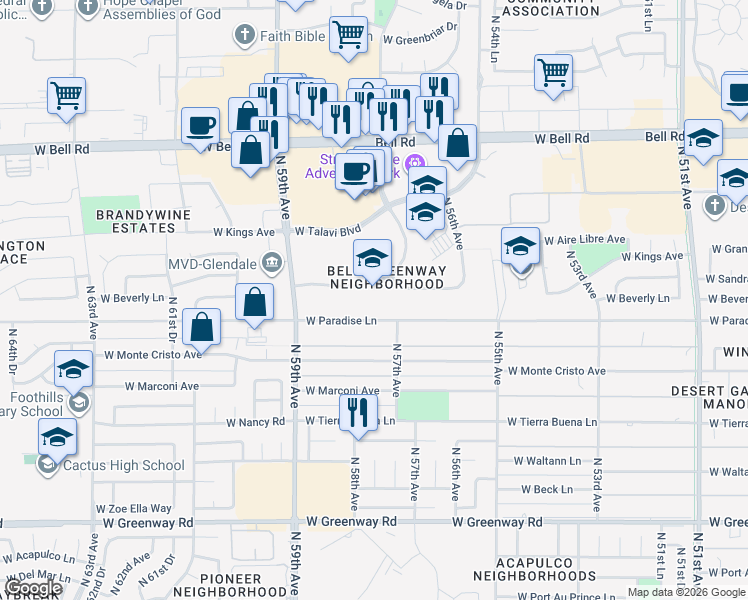 map of restaurants, bars, coffee shops, grocery stores, and more near 5821 West Beverly Lane in Glendale