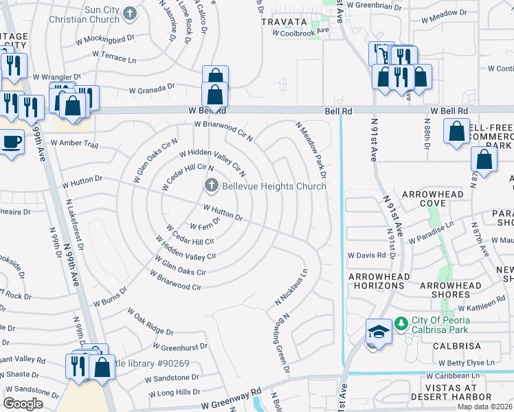 map of restaurants, bars, coffee shops, grocery stores, and more near 9314 West Hidden Valley Circle in Sun City