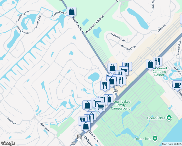 map of restaurants, bars, coffee shops, grocery stores, and more near 1809 Crooked Pine Drive in Surfside Beach