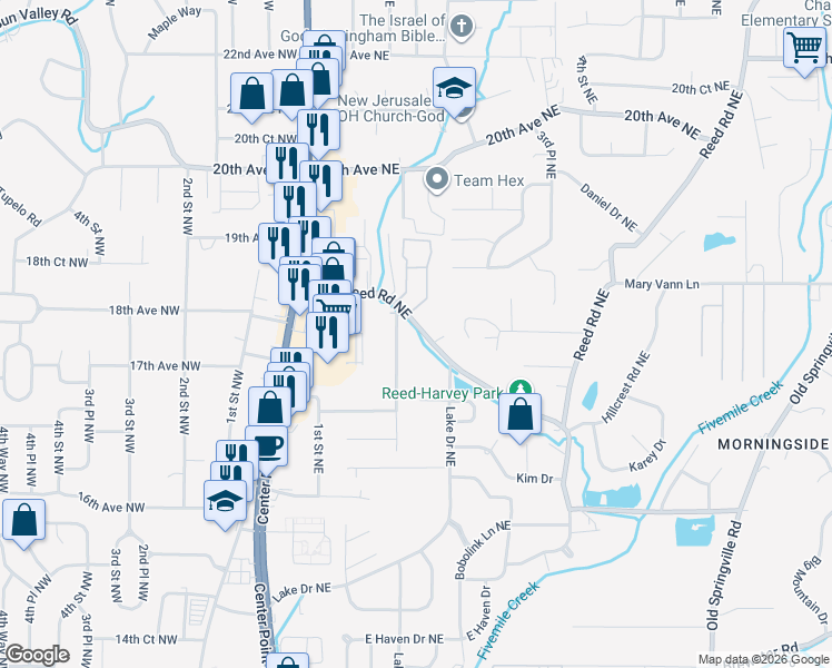 map of restaurants, bars, coffee shops, grocery stores, and more near 211 Polly Reed Road Northeast in Center Point