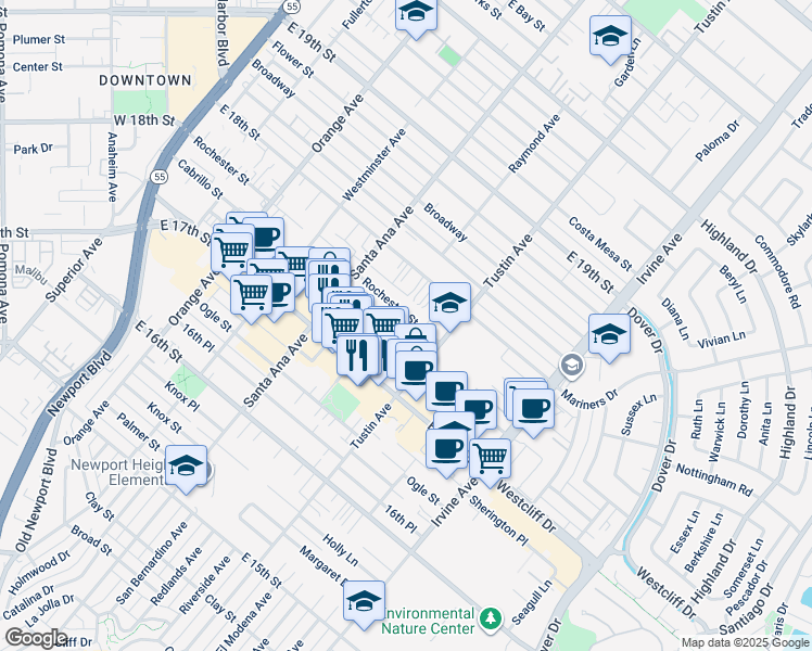 map of restaurants, bars, coffee shops, grocery stores, and more near 367 Rochester Street in Costa Mesa