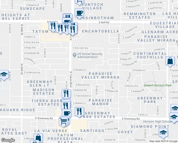 map of restaurants, bars, coffee shops, grocery stores, and more near 4915 East Paradise Lane in Scottsdale