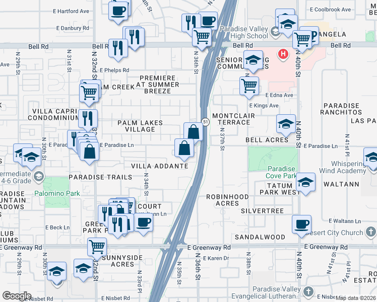 map of restaurants, bars, coffee shops, grocery stores, and more near 3337 East Carol Ann Way in Phoenix