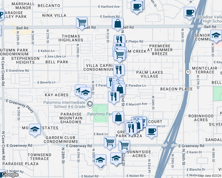 map of restaurants, bars, coffee shops, grocery stores, and more near 16042 North 31st Street in Phoenix