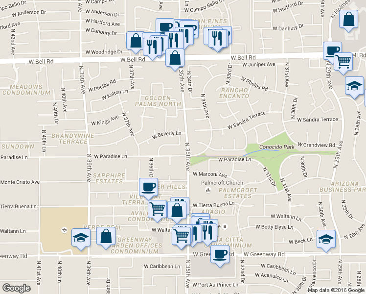 map of restaurants, bars, coffee shops, grocery stores, and more near 16219 North 35th Drive in Phoenix