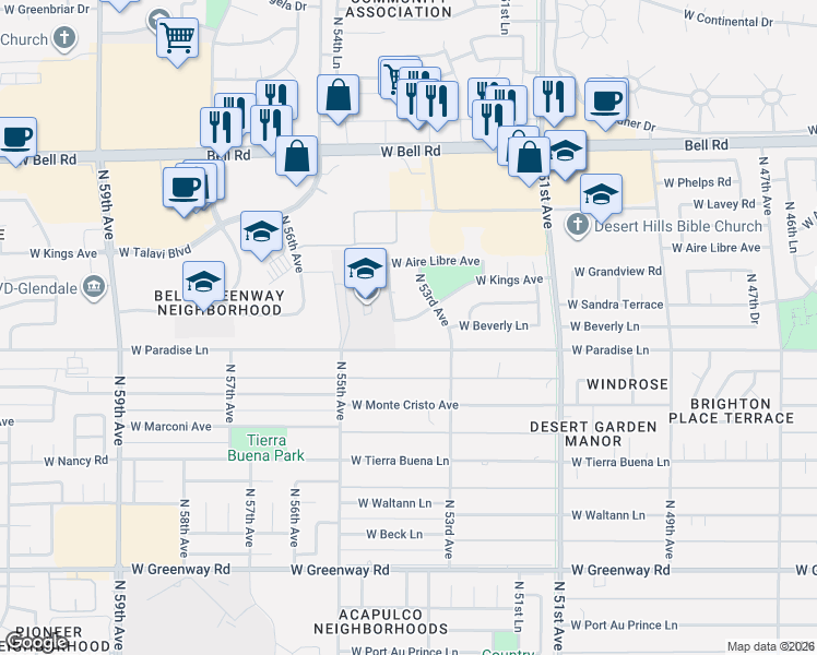 map of restaurants, bars, coffee shops, grocery stores, and more near 5325 West Kings Avenue in Glendale