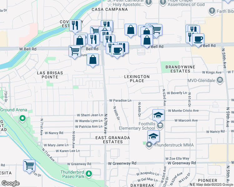 map of restaurants, bars, coffee shops, grocery stores, and more near 16143 North 67th Avenue in Glendale