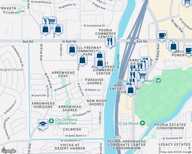 map of restaurants, bars, coffee shops, grocery stores, and more near 8622 West Paradise Lane in Peoria