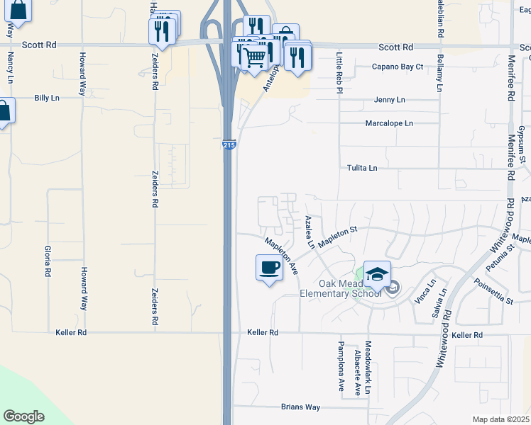 map of restaurants, bars, coffee shops, grocery stores, and more near 33610 Mapleton Avenue in Murrieta