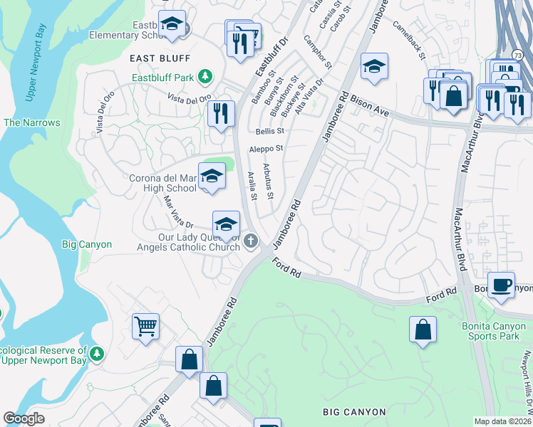 map of restaurants, bars, coffee shops, grocery stores, and more near 2201 Arbutus Street in Newport Beach