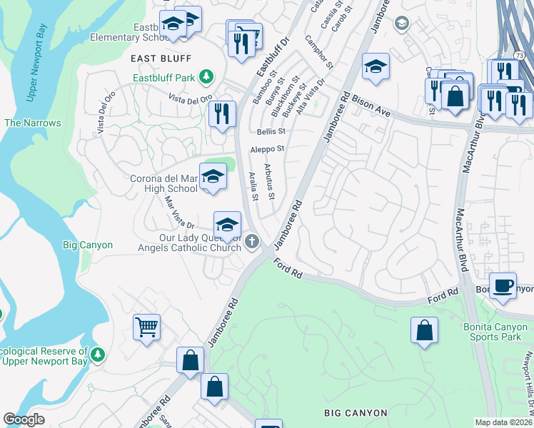 map of restaurants, bars, coffee shops, grocery stores, and more near 2201 Arbutus Street in Newport Beach