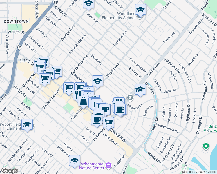 map of restaurants, bars, coffee shops, grocery stores, and more near 425 East 18th Street in Costa Mesa
