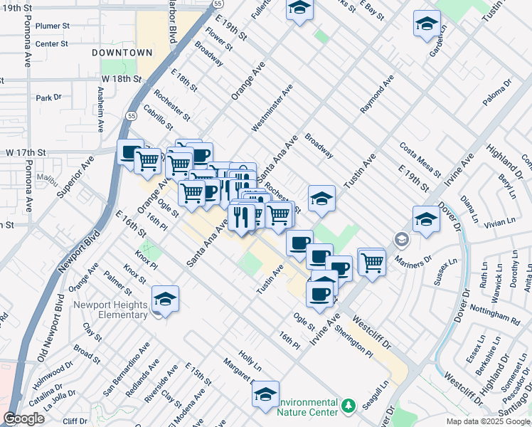 map of restaurants, bars, coffee shops, grocery stores, and more near 329 Cabrillo Street in Costa Mesa