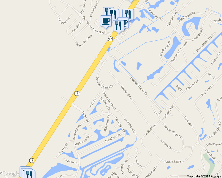 map of restaurants, bars, coffee shops, grocery stores, and more near 2090 Cross Gate Boulevard in Myrtle Beach