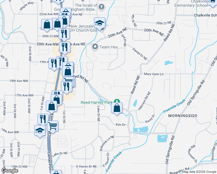 map of restaurants, bars, coffee shops, grocery stores, and more near 1705 Ladonna Sue Circle in Center Point