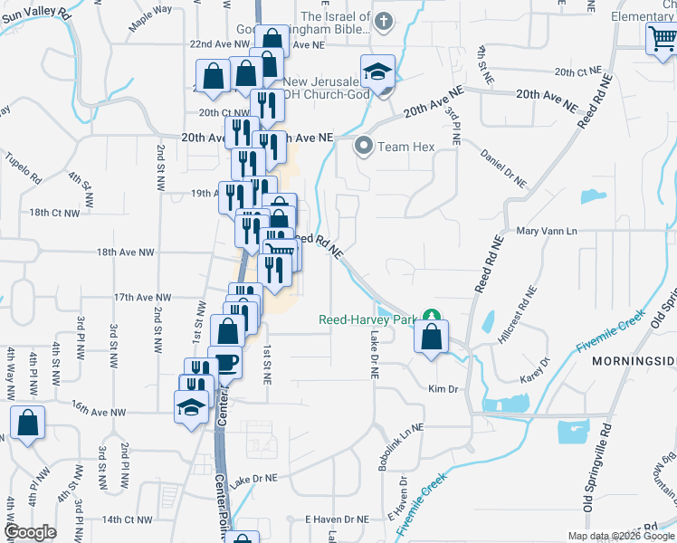 map of restaurants, bars, coffee shops, grocery stores, and more near 1732 2nd Street Northeast in Center Point