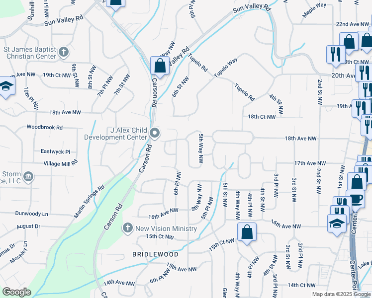 map of restaurants, bars, coffee shops, grocery stores, and more near 1732 6th Street Northwest in Center Point