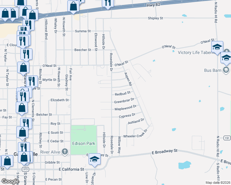 map of restaurants, bars, coffee shops, grocery stores, and more near 2005 Redbud Street in Gainesville