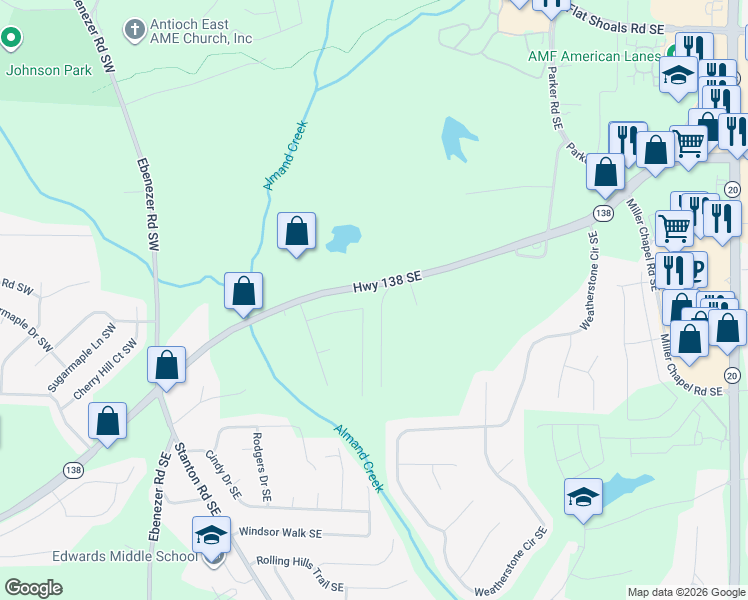 map of restaurants, bars, coffee shops, grocery stores, and more near 2116 Amherst Trail Southeast in Conyers