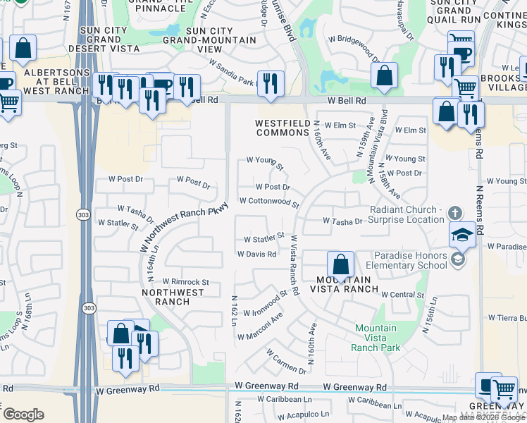 map of restaurants, bars, coffee shops, grocery stores, and more near 16202 West Tasha Drive in Surprise