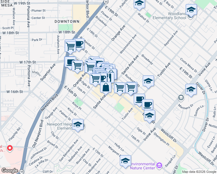 map of restaurants, bars, coffee shops, grocery stores, and more near 281 East 17th Street in Costa Mesa