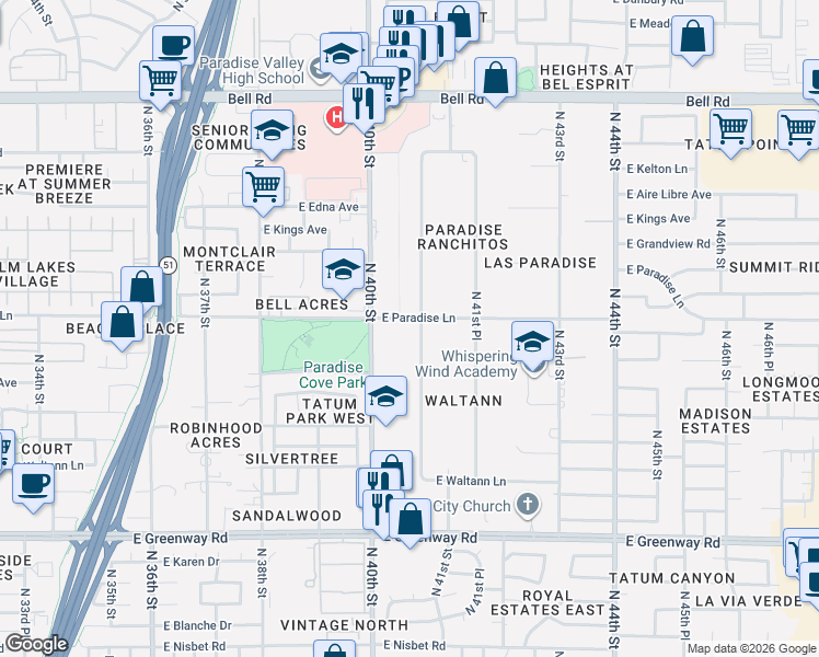 map of restaurants, bars, coffee shops, grocery stores, and more near 4041 East Paradise Lane in Phoenix