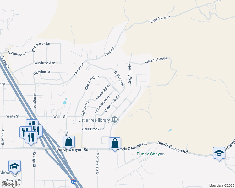 map of restaurants, bars, coffee shops, grocery stores, and more near 33577 Great Falls Road in Wildomar