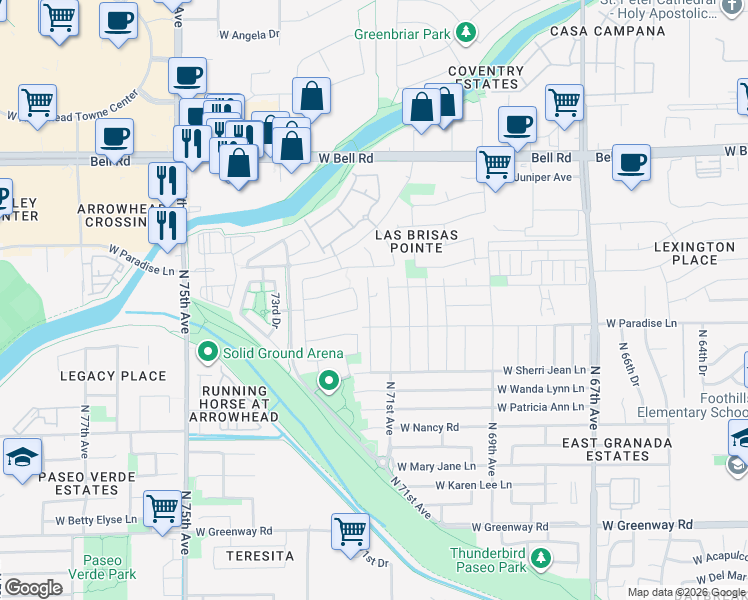map of restaurants, bars, coffee shops, grocery stores, and more near 16227 North 71st Drive in Peoria