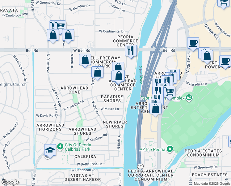 map of restaurants, bars, coffee shops, grocery stores, and more near 8622 West Paradise Lane in Peoria
