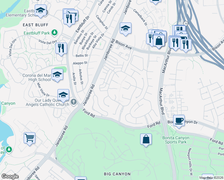 map of restaurants, bars, coffee shops, grocery stores, and more near 3 Thunderbird Drive in Newport Beach