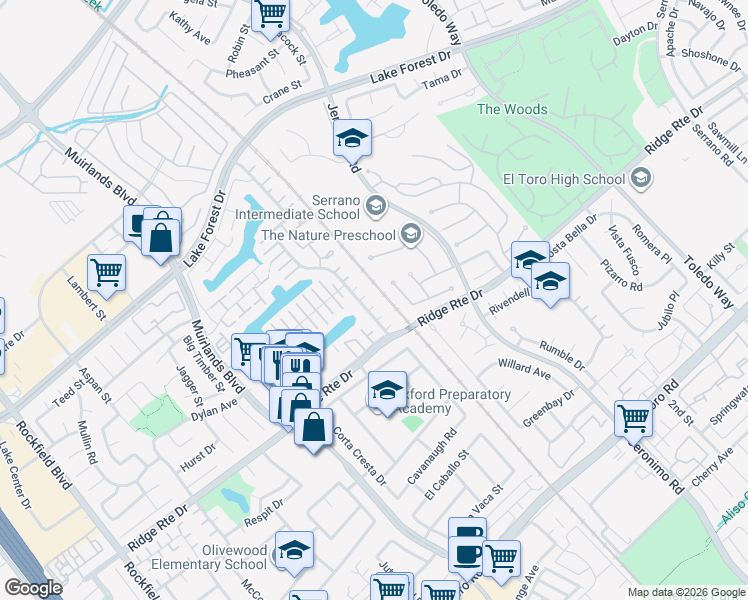 map of restaurants, bars, coffee shops, grocery stores, and more near 24585 Overlake in Lake Forest