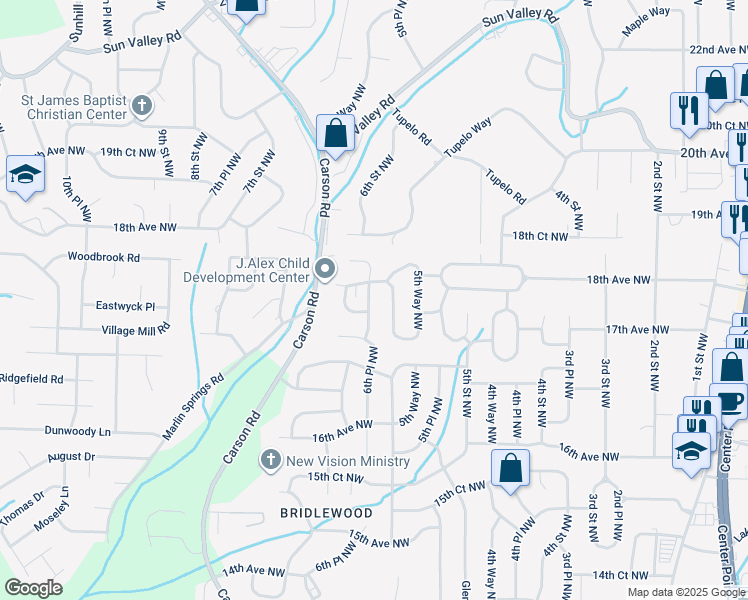 map of restaurants, bars, coffee shops, grocery stores, and more near 1725 6th Place Northwest in Center Point