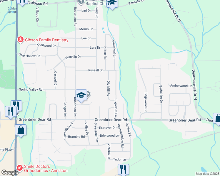map of restaurants, bars, coffee shops, grocery stores, and more near 1024 Old Mill Road in Anniston