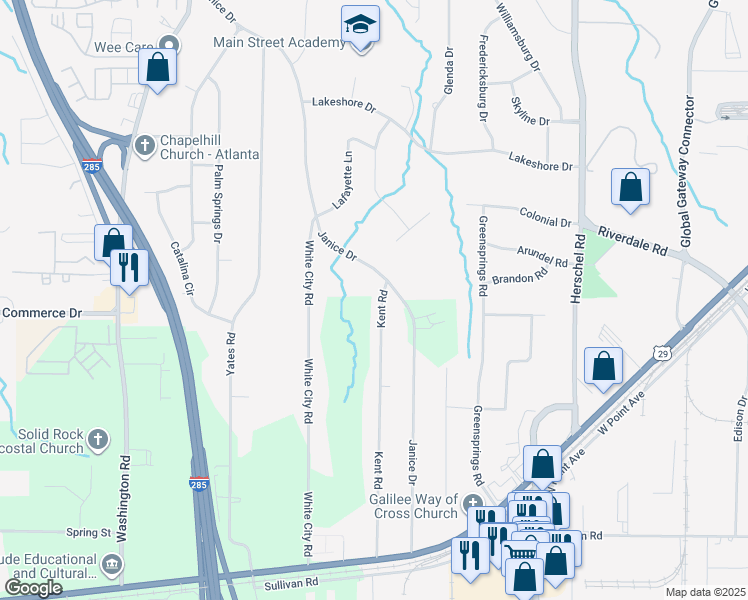 map of restaurants, bars, coffee shops, grocery stores, and more near 4475 Kent Road in College Park