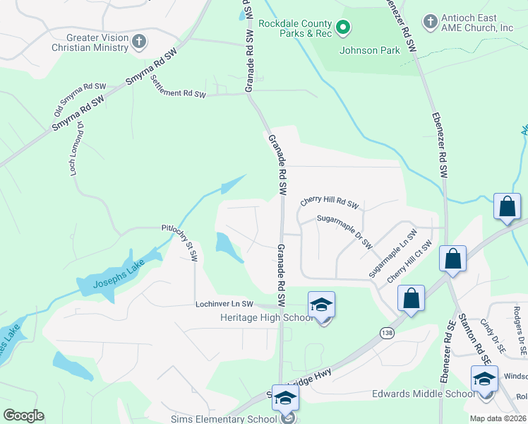 map of restaurants, bars, coffee shops, grocery stores, and more near 2211 Granade Road Southwest in Conyers