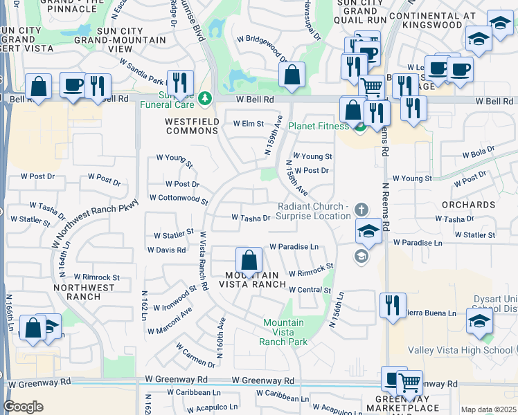 map of restaurants, bars, coffee shops, grocery stores, and more near 15909 West Cottonwood Street in Surprise