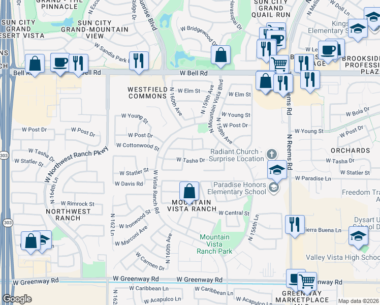 map of restaurants, bars, coffee shops, grocery stores, and more near 15921 West Cottonwood Street in Surprise