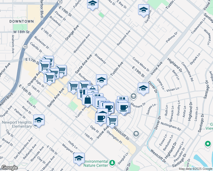 map of restaurants, bars, coffee shops, grocery stores, and more near 425 East 18th Street in Costa Mesa