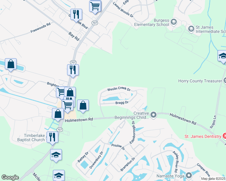 map of restaurants, bars, coffee shops, grocery stores, and more near 1038 Weslin Creek Drive in Myrtle Beach