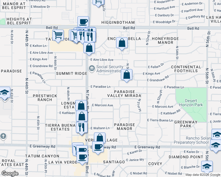map of restaurants, bars, coffee shops, grocery stores, and more near 4915 East Paradise Lane in Scottsdale